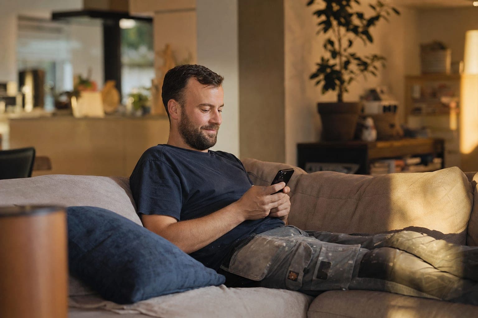 Fachkraft zuhause auf dem Sofa mit dem Telefon in der Hand